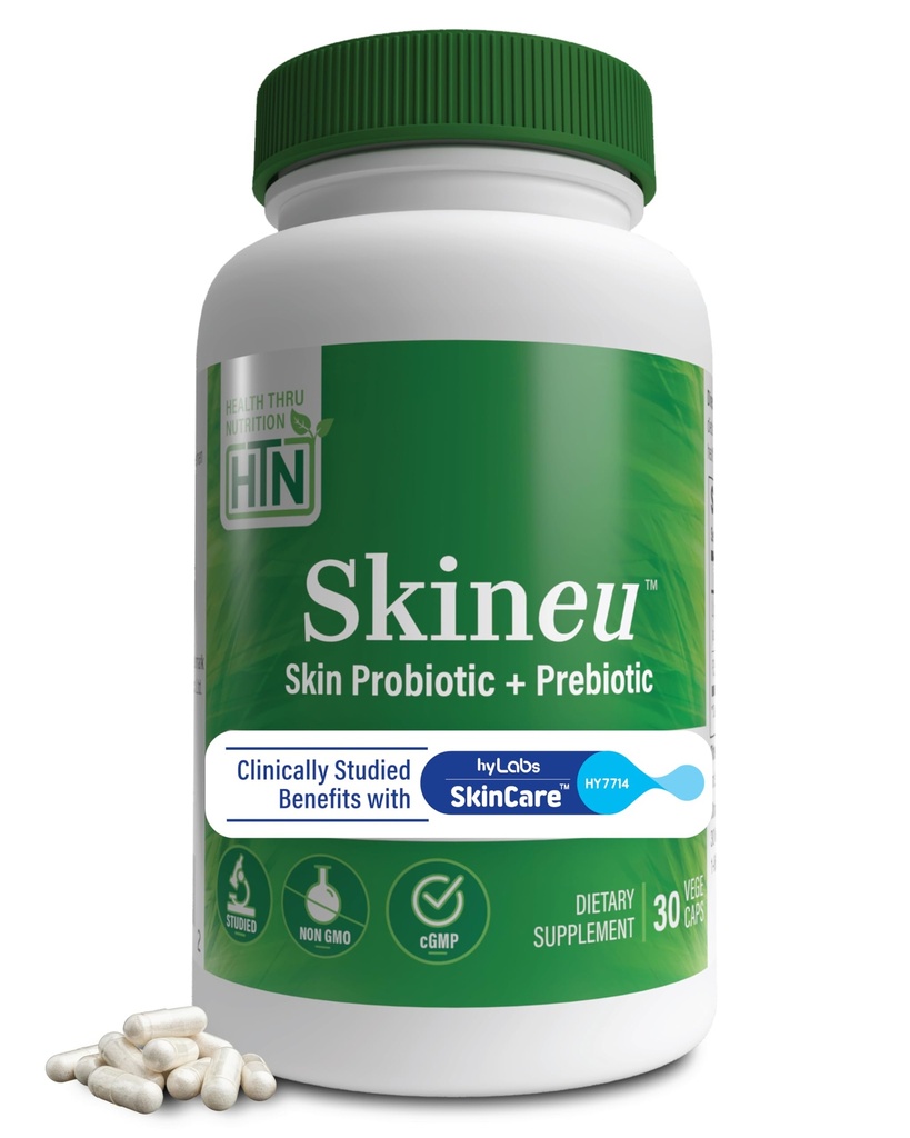 Health Thru Nutrition Skineu - Skin Probiotic + Prebiotic | Supports Skin Hydration & Elasticity | Clinically Studied Ingredients |3rd Party Tested, Non-GMO & Gluten-Free | 30 VegeCapsules | Skin Probiotic + Prebiotic Supplement | Clinically Studied for Skin Hydration & Elasticity | 3rd Party Tested, Non-GMO