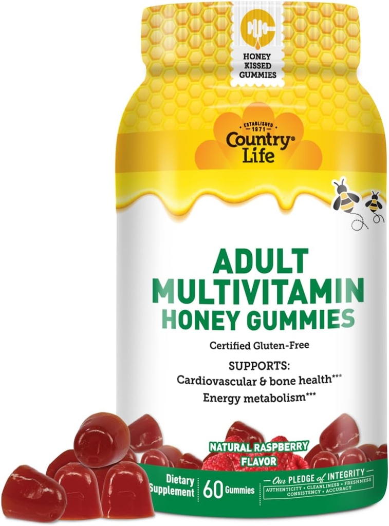 乡村生活 成人多维塔明 蜜糖 – Bone, Heart & Energy Supports – Non-GMO, 认证 Gluten Free, 蔬菜 – 自然甜化 – 60 Gummys