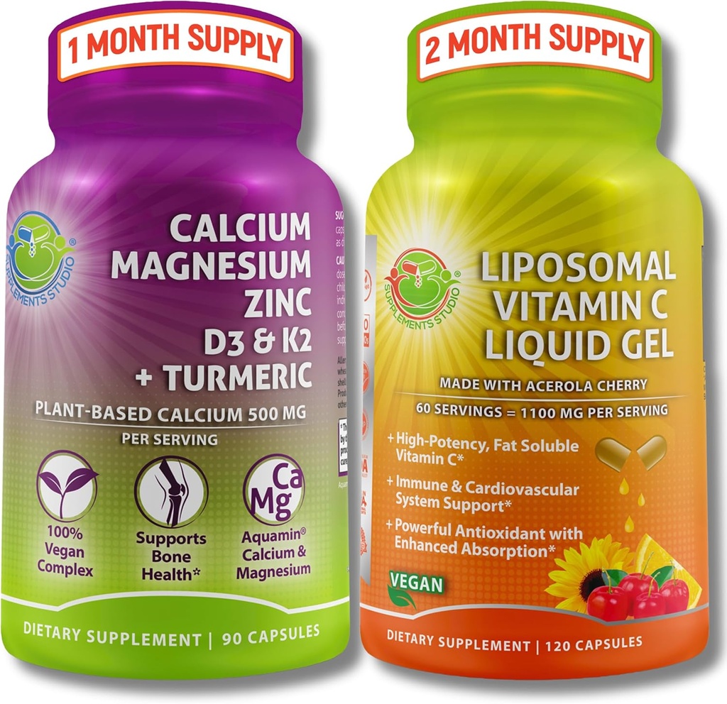 Bone & Imune Support Bundle – Liposomal Vitamin C 1100mg 富含Acerola樱桃和植物基钙的液态Gel(来自Aquamin®),镁,锌,D3,K2 + Turmeric – 清洁健康支持