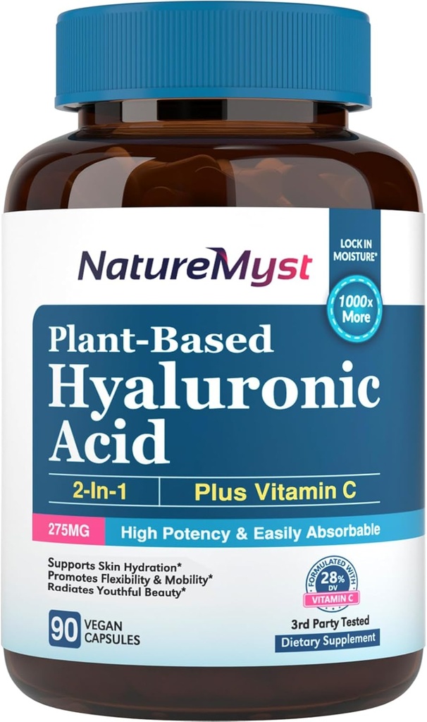 Hyaluronic Acid 补充剂,配有维生素C,250mg 植物基HA,90 Vegan Caps,用于皮肤和眼睛,Collagen生产,易吸收