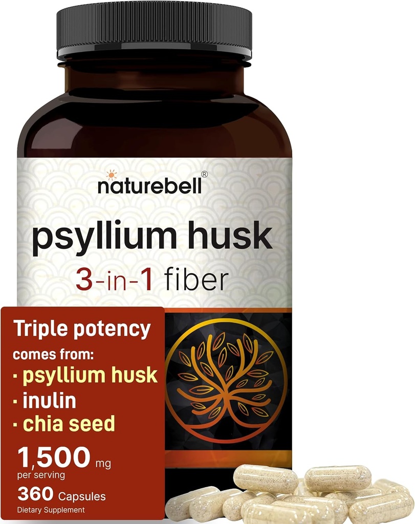 NatureBell Psyllium Husk Fiber 补编, 1,500 mg Per Service, 360 Capsules | 与 Inulin & Chia种子 & Chia种子 & 有机溶性纤维用于消化和古特健康 → 植物型,非GMO型,无胶体型