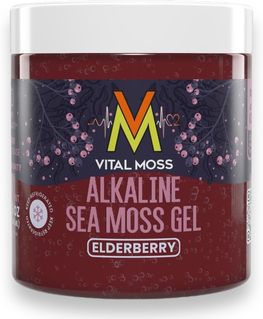 VitalMoss Elderberry 爱尔兰海 Moss Gel, 圣卢西亚野生阿尔卡林与矿物维生素和抗氧化剂,甲状腺素和免疫辅助剂补编, Raw, Vegan Friendly, 16oz