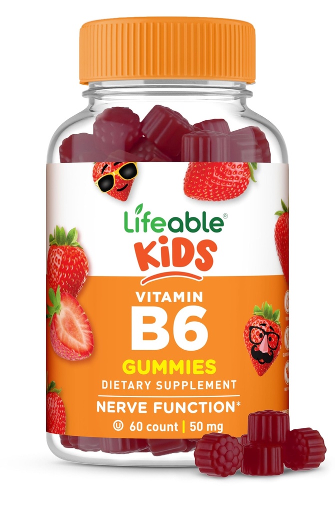 活生生的维生素B6 Gummys for Kids QQ大调B6 维生素50mg | Vegan Non-GMO Gluten Free |为神经功能支持 | 60 Gummys
