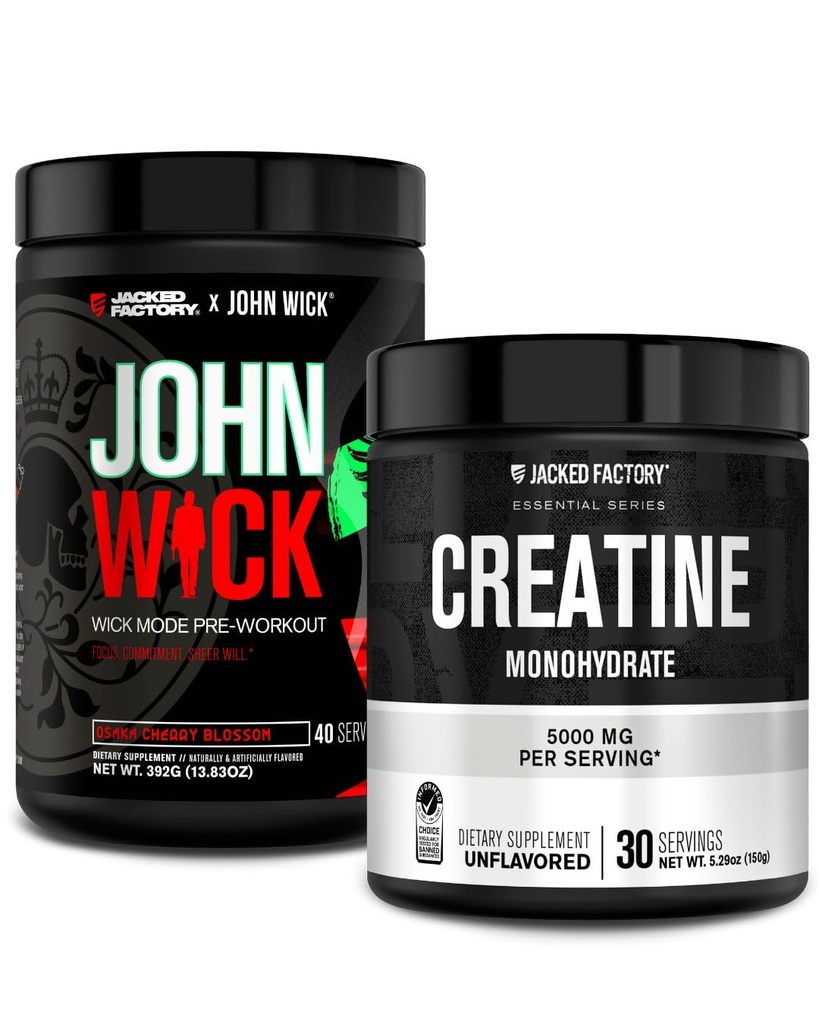 Jacked Factory X John Wick - Wick Mode Pre Workout 粉末(大坂樱桃花,40种服务品) & Creatine Monohydrate 粉末(无味,30种服务品)