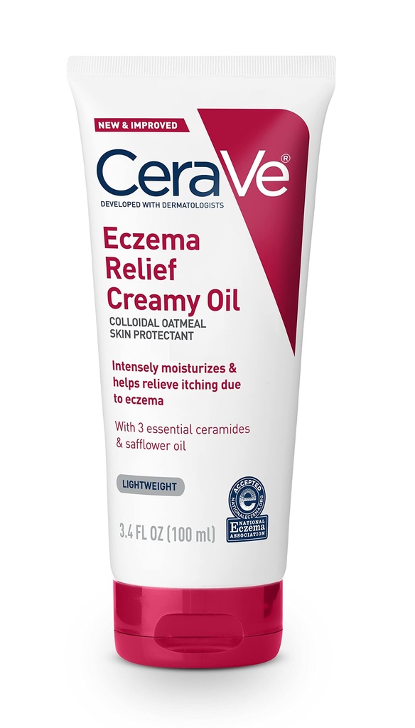 CeraVe Eczema Relief Creamy Body Oil, Eczema Calming Cream With Colloidal Oatmeal & Safflower Oil For Dry Skin & Itchy Skin Relief, Steroid Free & Paraben Free, 3.4 Ounce