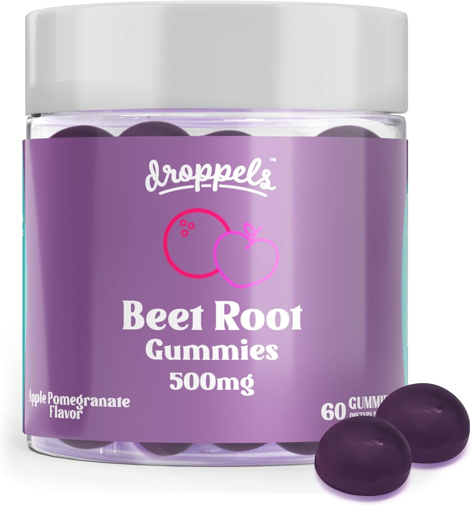 Droppels Beet Root Gummys with Beetroot Powder 500 mg, Grape种子摘录 300 mg, Vitamin B12 & Niacin | Vegan, Pectin-based & Non-GMO Beetroot Supplement, Apple Pomegranate Flavor, 60 Count
