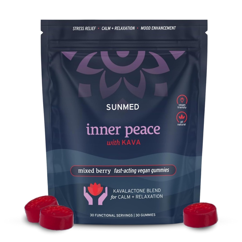 SUNMED Kava Gummys for Shess Relief & Deep Calm – 100 mg Kavalactones per service – Vegan, 太平洋岛屿根提取 → 混合贝里 Flavor, 30 Counter