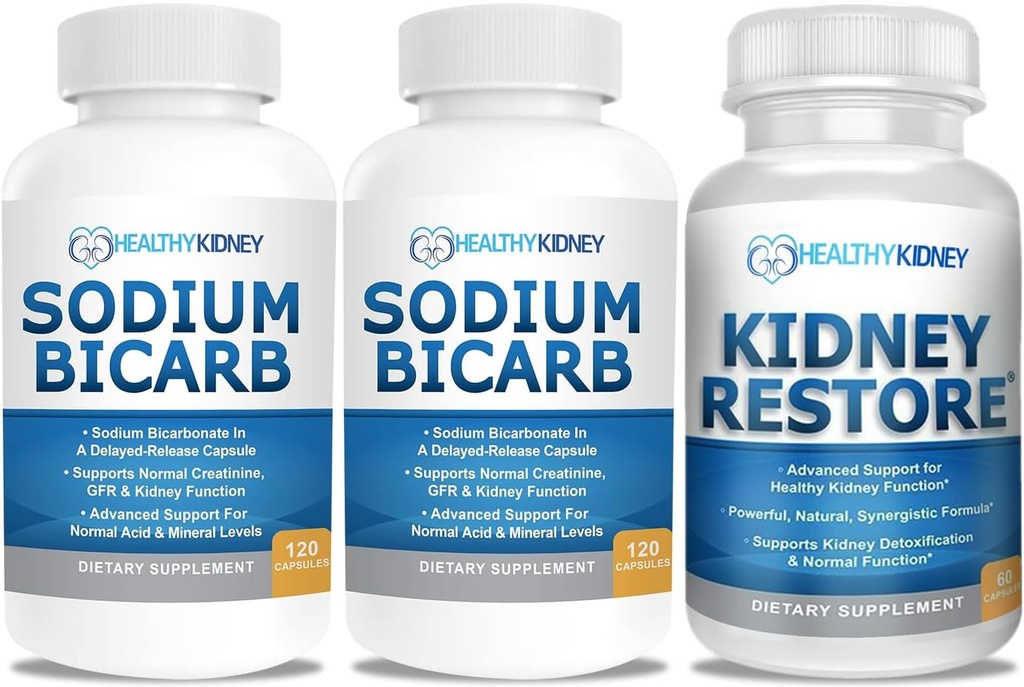 Bicarpate钠 650mg Capsules for Acid Relief, Alkalinity 120 Pills 2-Pack + 肾脏恢复肾脏清洁剂和肾脏保健补充剂,60盖