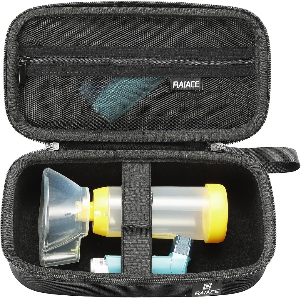 RAIACE硬旅行存储案例与Asthma Inhaler,Inhaler Holder Asthma Bag 兼容,并带有网口袋,用于医药和辅料. (仅大小写) - 黑色