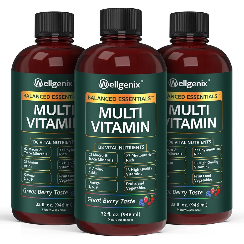 Wellgenix 平衡基本素+新配方 - 液体维生素 - 完整的多维素补充剂 - 1oz Daily - Immune Boosting &总体健康 - 成人,儿童,托德勒斯 - Berry Flavor 32oz (3)