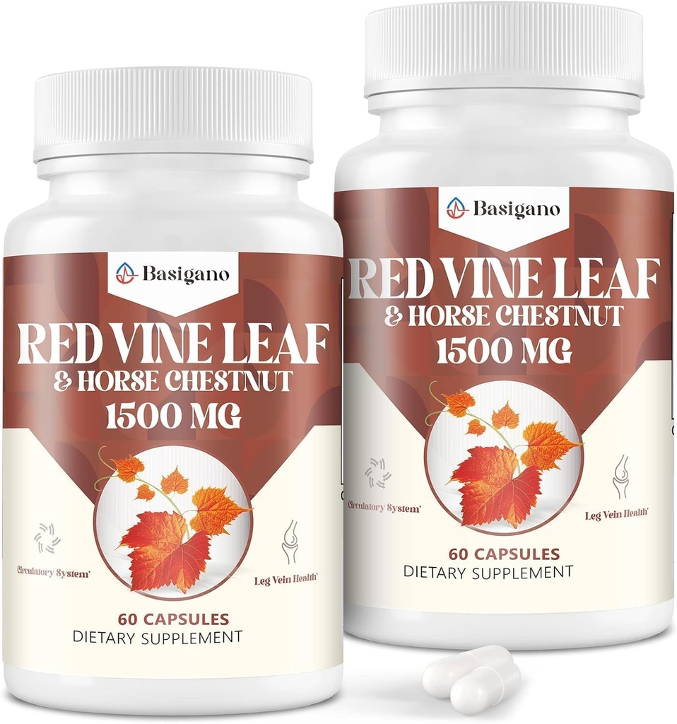 红葡萄叶和马栗 抽取胶囊补充剂(Vitis Vinifera) 1500mg - 健康葡萄、循环、心脏、皮肤(2包)的椒提取剂