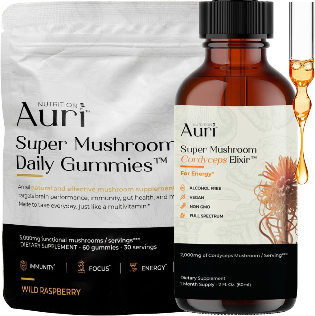 Auri Energy & Immune Boost Pack 超级蘑菇日报 Gummys Cordyceps Elixir Bundle - Daily Wellness for Focus, Stamina, and Longevity - 60 Gummys + 60毫升丁基锡