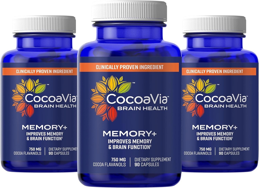 CocoaVia记忆+大脑补充,90天,750毫克Cocoa Flavanols,记忆和脑促进器,Vegan,植物基,Gluten Free,270卡普尔