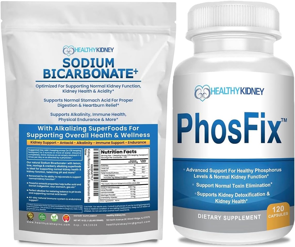 有机二碳酸钠 Alkaline 补充剂 Bundle 2LB Alkalinity, Kidney & Acid Support + PhosFix 120 Pills Phosporus Binder 健康磷水平和Kidney 健康肾脏支持