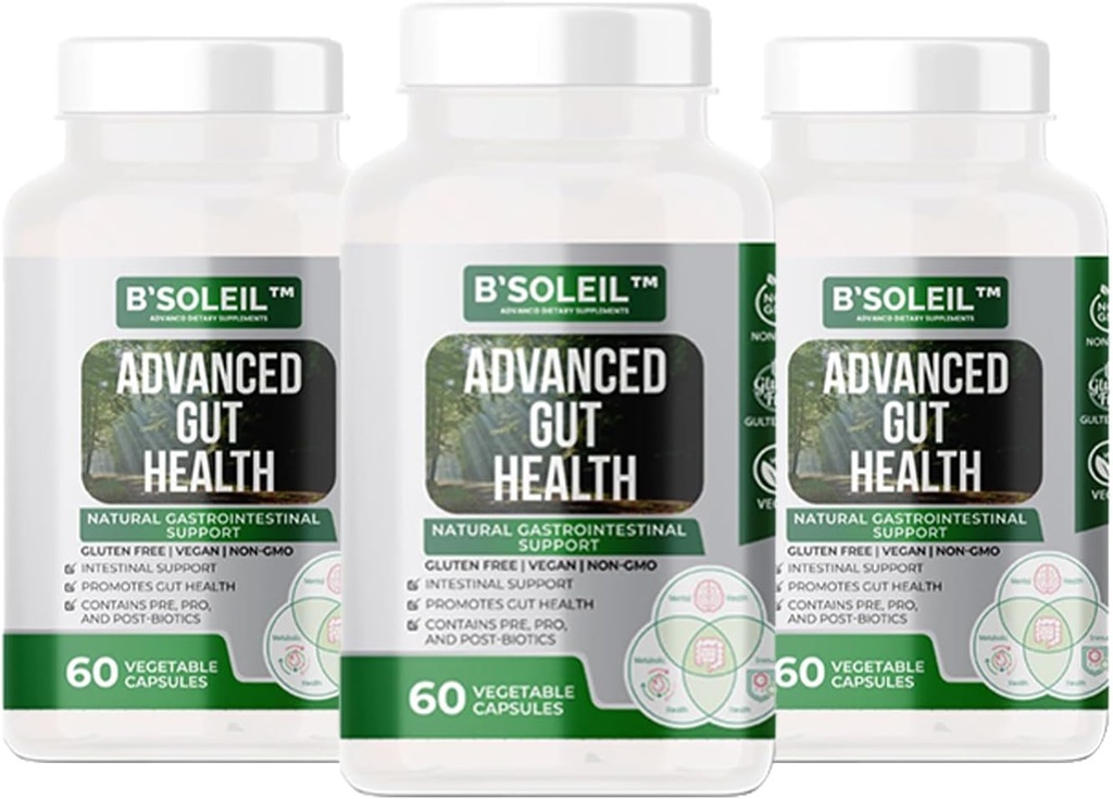 B ' SoleilTM Pack of 3 Advanced Gut Health Probiotics - Pre,Pro & Post Biotics - 天然肠胃支持 - Gluten Free, Vegan & Non-GMO - 25亿 CMU - 每包60卡普尔