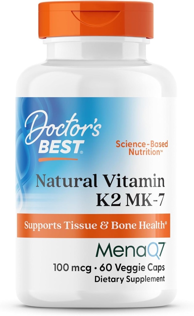 医生最佳自然维生素K2 MK7 男女-骨质健康支持补充品,100 mcg 维生素K-2 MK-7 配有 MenaQ7, 钙支持, 非 GMO, Vegan - 60 Veg Caps