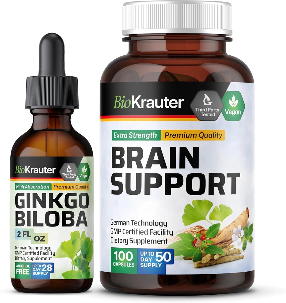 BIO KRAUTER Ginkgo Biloba Tincture 2 Fl. Oz. & Brain Support 100 Capsules (英语).