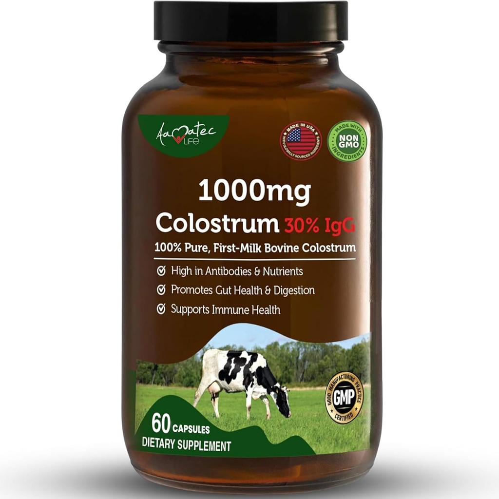 Bovine Colostrum Capsules 1000mg Capsules 配有 Lactoferrin 辅料, Bovine Colostrum 支持免疫系统, Gut 健康与呼吸系统 - 60 Bovine Colostrum Capsules by Amatec Life