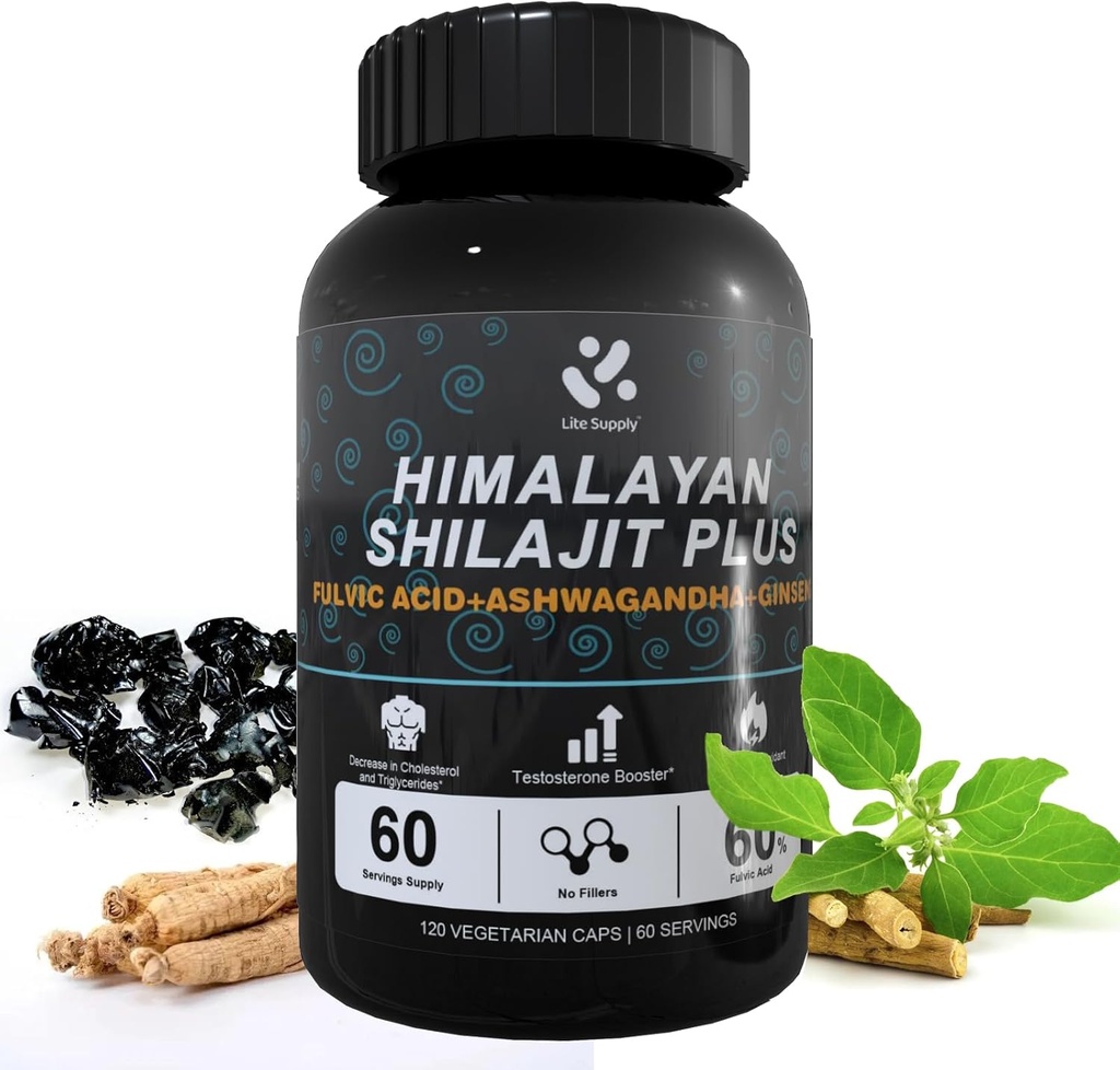 Shilajit喜马拉雅山60%富尔维奇酸,120 Vegan Capsules 纯天然的Shilajit供应,Ashwagandha, Ginseng 提取-男子能源支持中的高轨矿物