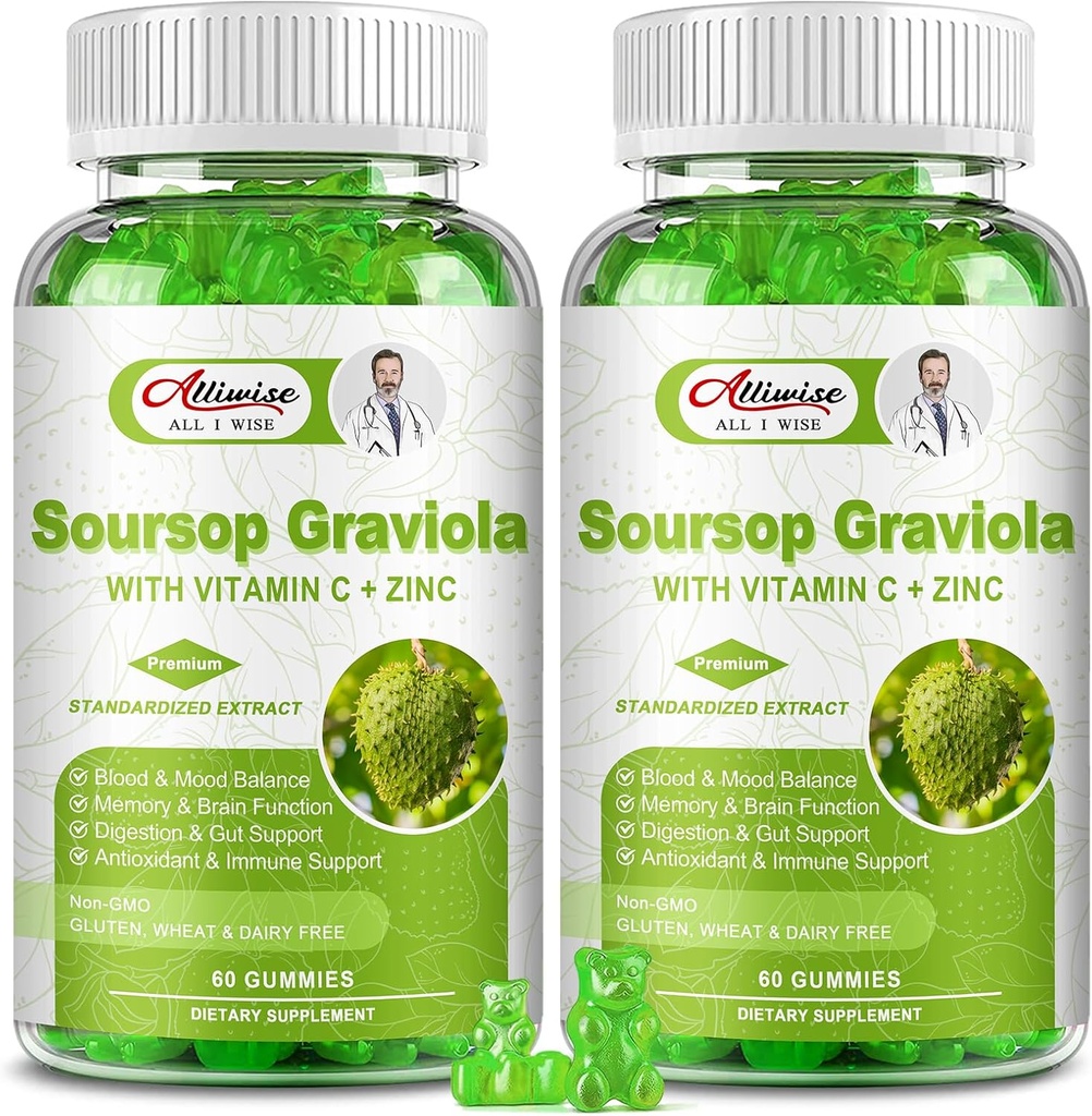 2 Pack Soursop Graviola Gummys 补充品,原始的Soursop叶片提取品,配有供女性和男性使用的维生素C和锌,豁免和抗氧化剂及能源的多维塔明 Soursop水果补充品
