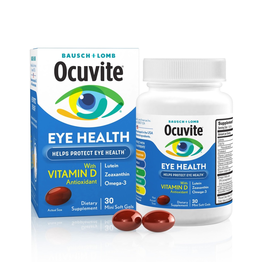 Ocuvite Eye健康,Lutein & Zeaxanthin 补充品,含有抗氧化剂维生素D,维生素C,E & Omega-3,帮助保护Eye健康,30软胶