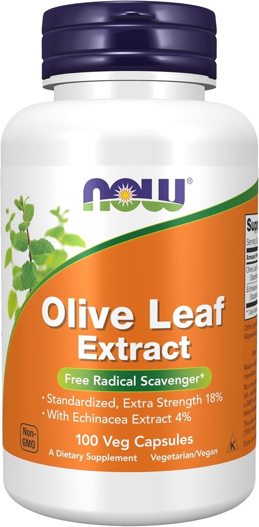 Now Foods Supplements, 橄榄叶提取与 Echinacea 提取 4%, 额外力量, 自由激进拾荒者*, 100 Veg Capsules