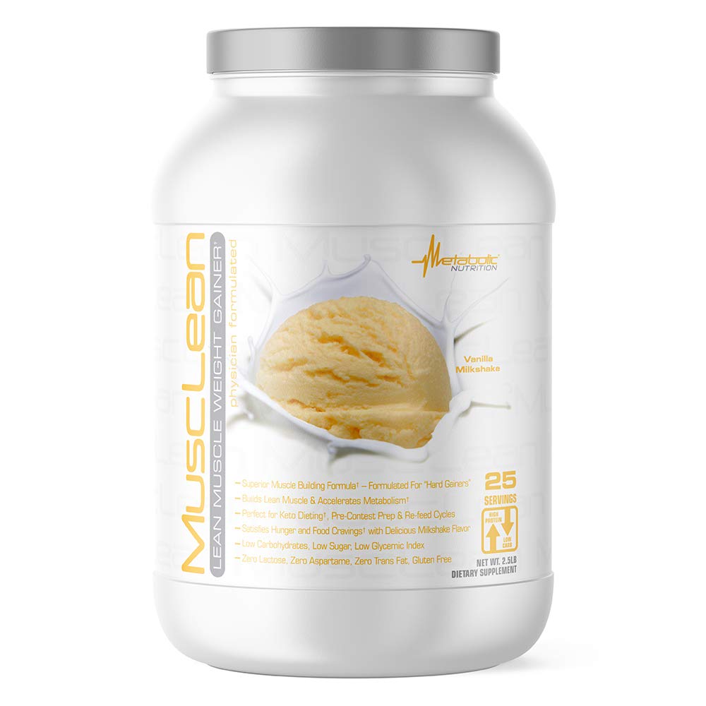 代谢营养 - Musclean - Milksshake Wight Gainer, Whey 高蛋白质膳食替代,维持营养,低碳,Keto饮食,消化酶,香草,2.5英镑(25瑟)