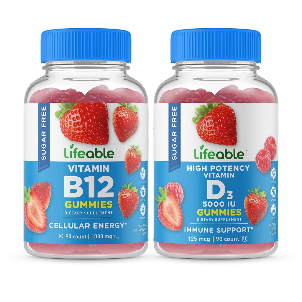 活性糖无维生素B12 + 维生素D5000 IU,Gummys Bundle - 大品尝,维生素补充,Gluten Free, GMO Free, Chewwable Gummy (英语).
