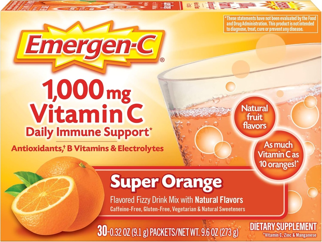 Emergen-C 1000mg 维他命C粉用于每日免疫支持咖啡因 免费维他命C 配有锌和曼干内塞,B维他命和电解质,超级橙色火焰 - 30个计数