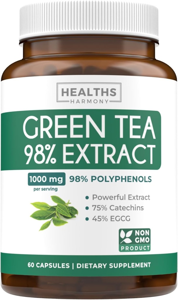 EGCG 绿色茶叶提取卡普尔 - 超级高潜力绿色茶叶药丸 抗氧化剂 富含聚苯乙烯 Catechins & EGCG - 500mg Per Capsule - 非GMO & Made in the United States (1个月供应)