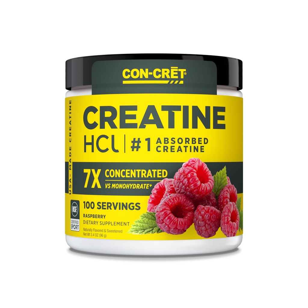 CON-CRET Creatine HCl Powder · 肌肉、认知、细胞能量支持 · · · · · · · · · · · 美国制造和NSF认证 · · · · · · · Raspberry(100 service)
