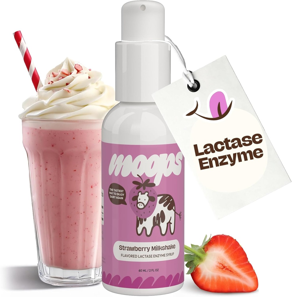 Moops Liquid Lactase Enzyme Syrup 2oz – 美味草莓 Milksshake Flavor – 1万个FCC单位用于快速代理乳制品救济 – 定制剂量用于乳糖不容忍 – 手提式Twist-to-Lock Pump