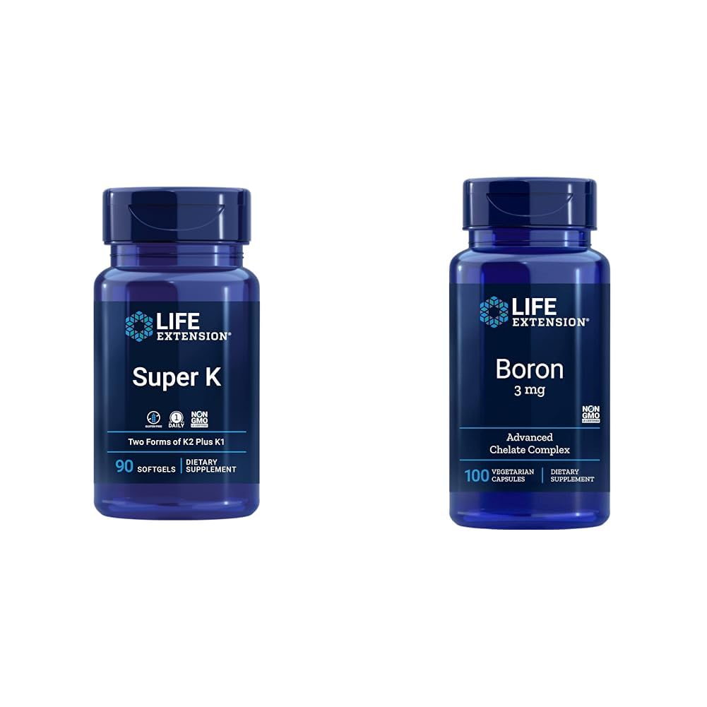 生命延长 超级 K 维生素K1, K2 MK-7, MK-4, 维生素C, Bone/Heart Health, 3-Month供应和Boron 3 Mg 100 蔬菜卡普尔