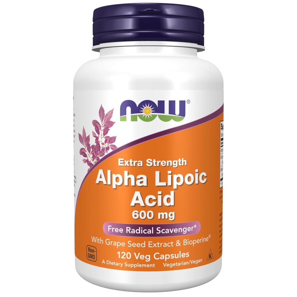 Now 食品补充品,Alpha Lipoic Acid 600 mg 配有葡萄种子提取剂和Bioperine , 额外强度, 120 Veg Capsules