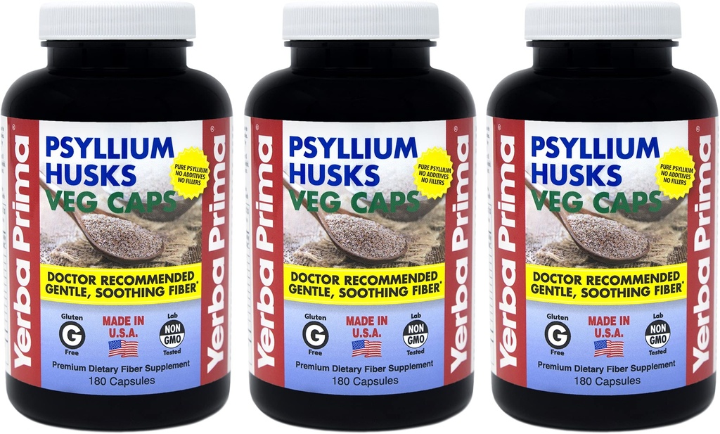 Yerba Prima Psyllium Husks Veg Caps - 180 counter (Pack of 3) - Vegan, Non-GMO, Gluten Free, Colon Cleanser, 古特健康与规律的每日纤维补充剂