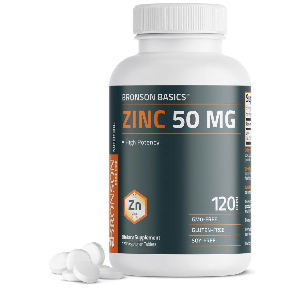 Bronson Zinc 50 MG 高潜力支持皮肤健康 - 非GMO,120个蔬菜片