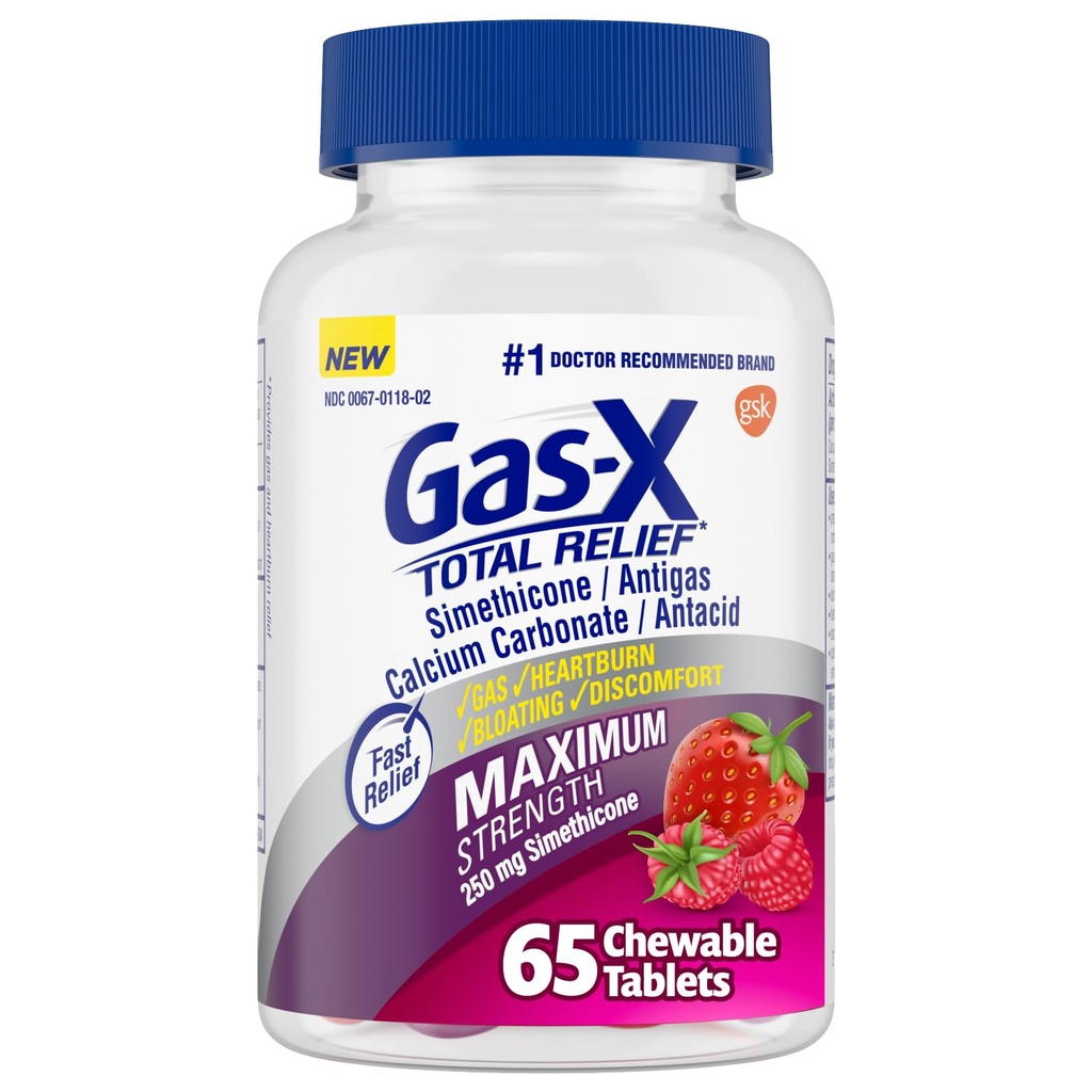 Gas-X Total Relief Chewable Tablets with Maximum Strength Gas Relief Simethicone 250 mg and Heartburn Relief Calcium Carbonate 750 mg, Bloating Relief, Mixed Berries - 65 Count
