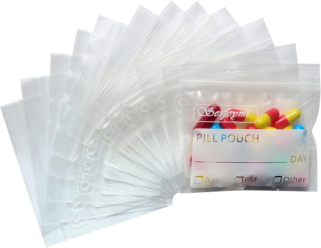 Serfeymi Pill Bags for Travel Pill 邮袋组织者包 240 BPA Free 3 x 2.75英寸 可重复使用的药品邮袋 标签和Zipper Seal防水 AM PM Pill Baggies 补充品