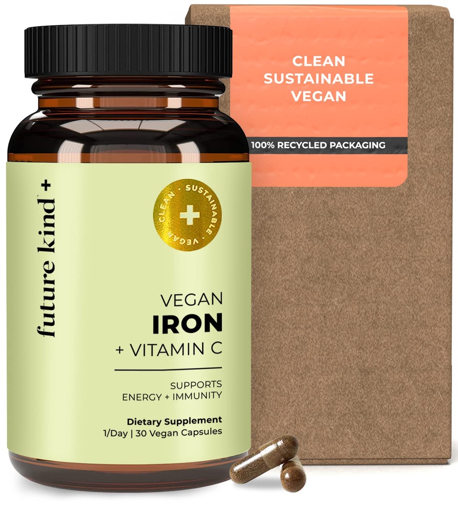 未来Vegan铁业的男女配有维生素C的能源、重点和豁免支助——30天供应,每天1卡(玻璃瓶30厘米)