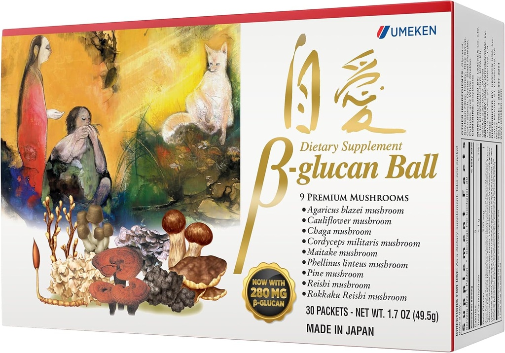 Umeken Beta Glucan, Imune Boost, 蘑菇提取, 饮食补充, 混合 9 Premium Mushro提取包, 易取 Beta Glucan 补充, 1个月供应, 30 个伯爵盒, 包装 1