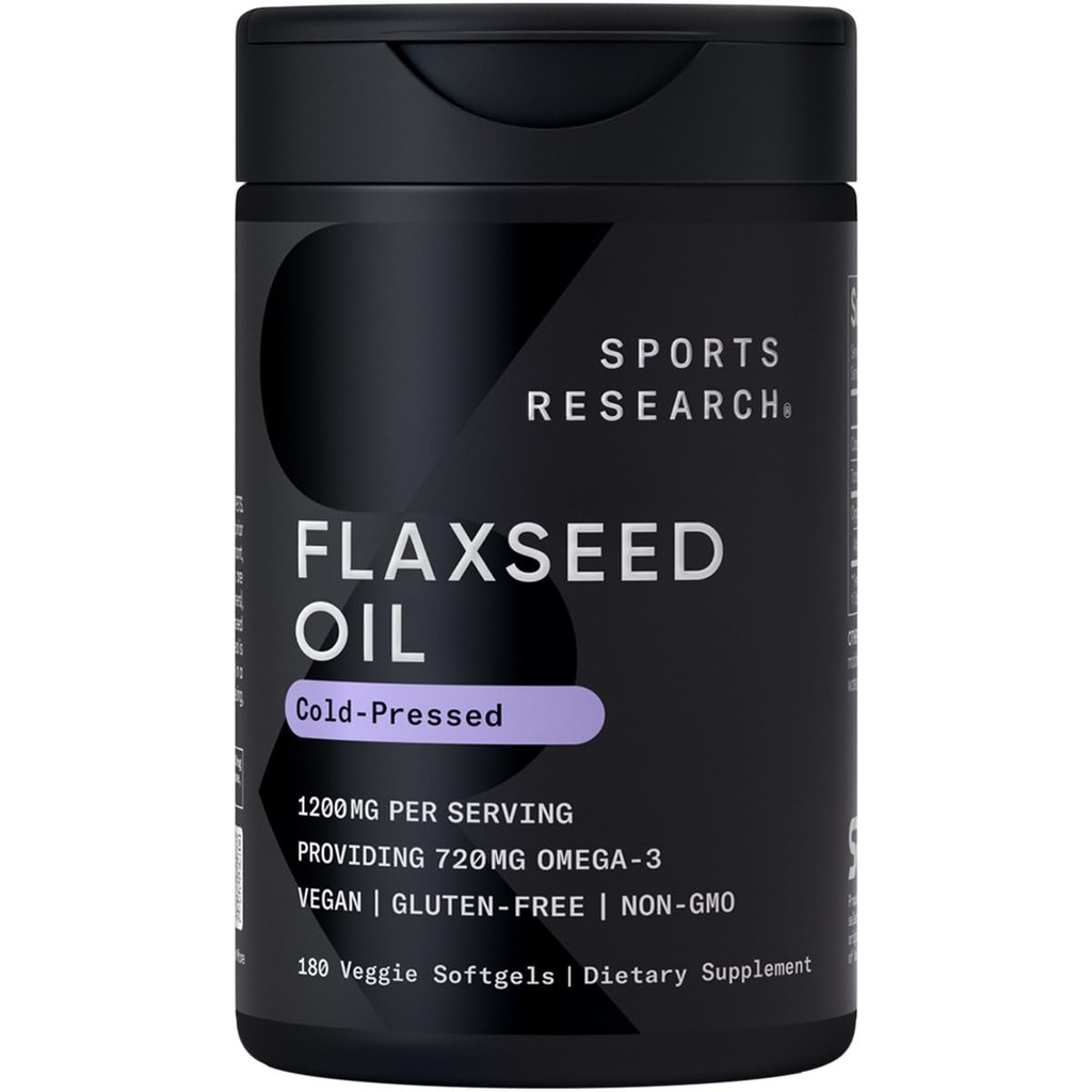 体育研究 Vegan Flaxseed Oil(1200mg) 草药补充剂 植物类 ALA Omega 3 - Vegan认证与非GMO认证 - Gluten, Soy & Carrageenan Free (180 Veggie Softgels)
