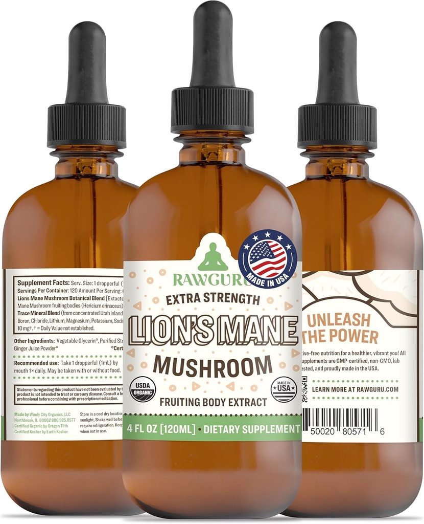 RawGuru Lion's Mane蘑菇小丁 - Vegen Lion's Mane 提取的履带矿物 - Nano-Processed 豁免促进和认知补充 - 每120毫升120枚Vegan弹丸,包装1