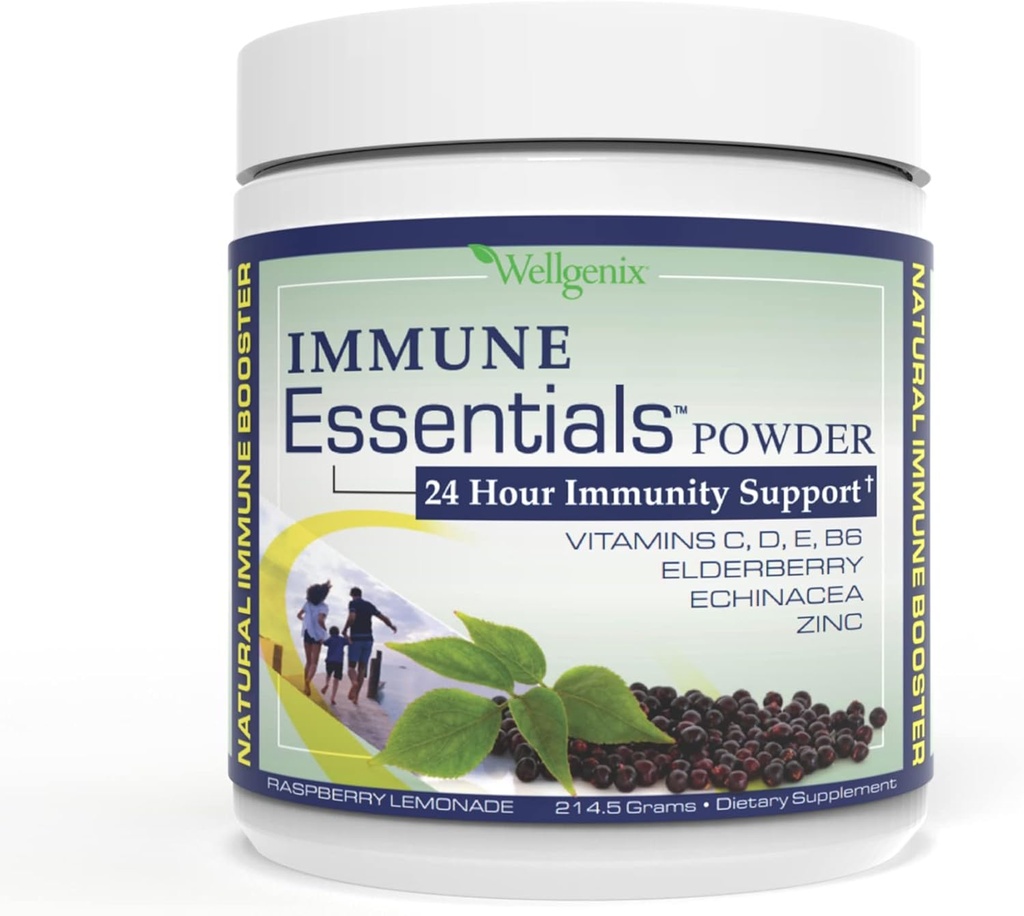 Wellgenix Immune Essentials - Multivitamin Powder for Men, Women & Kids - Vegan Supplement with Vitamins C, D Elderberry Zinc, Echinacea for Toddler, Kid & Adult - 7.57g (Raspberry Lemonade)