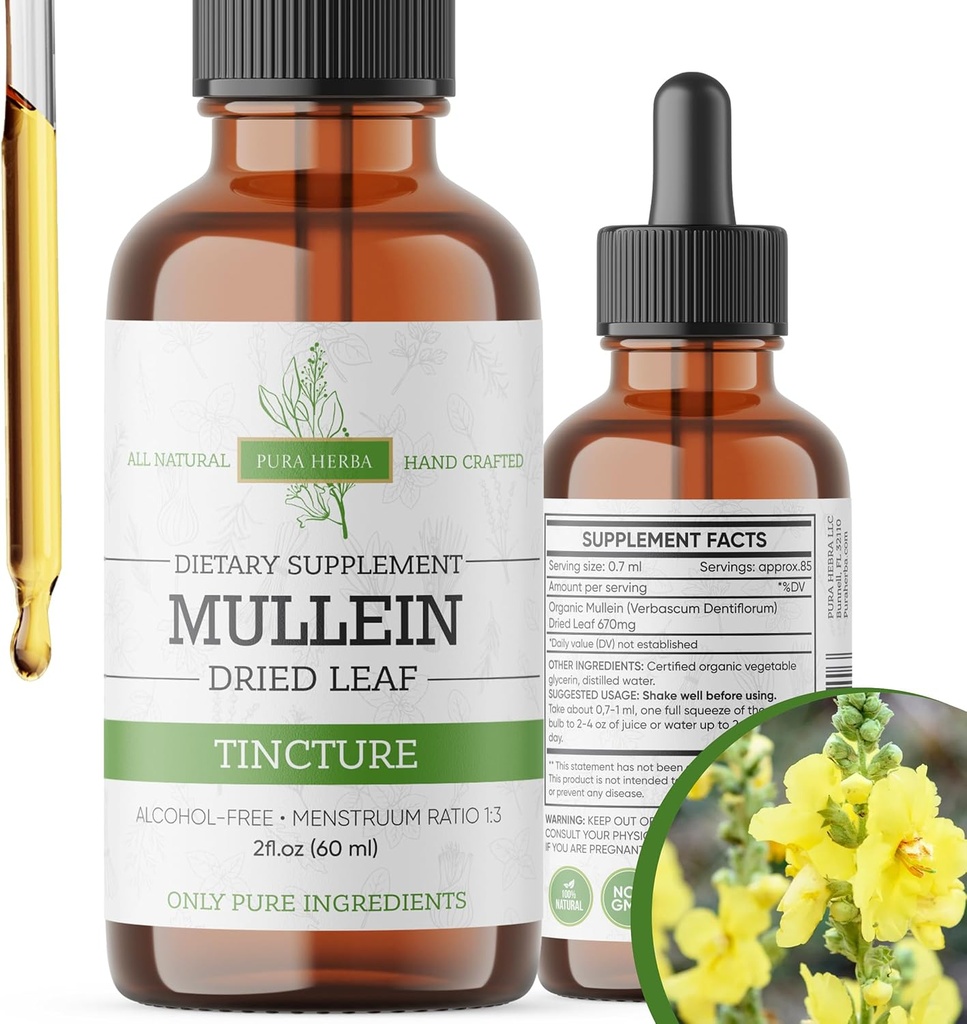 Mullein Tincture – 用于肺部支持和呼吸井的有机Mullein Drops – 美国制造 — 2 Fl Oz