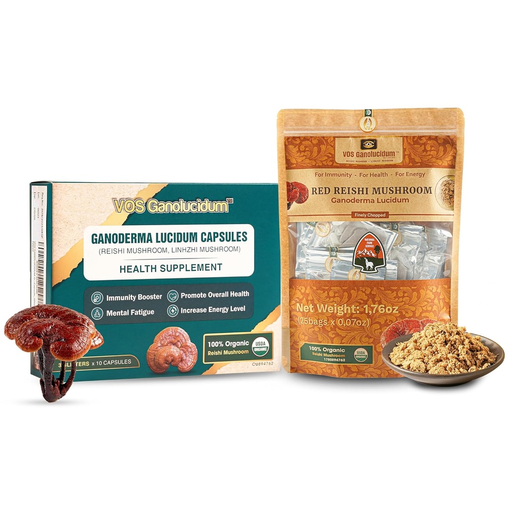 VOS GANOLUCIDUM Combo For Better Health, Daily Immune Boosting Red Reishi Mushroom Capsules (30 Capsules) & Organic Finely Chopped Reishi Mushroom (1.76 Oz), Energy Booster & Perfect In Cooking