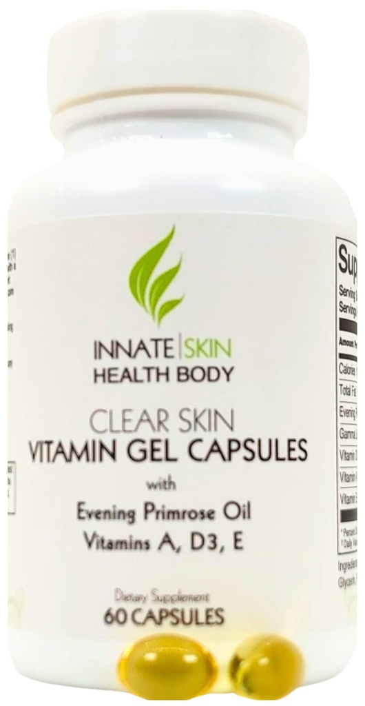Clear Skin Acne Vitamin Gel Capsules with Evening Primrose Oil, Vitamin A, D (D3) & E | All Natural Complexion Supplement | 60 Count Softgel Capsules
