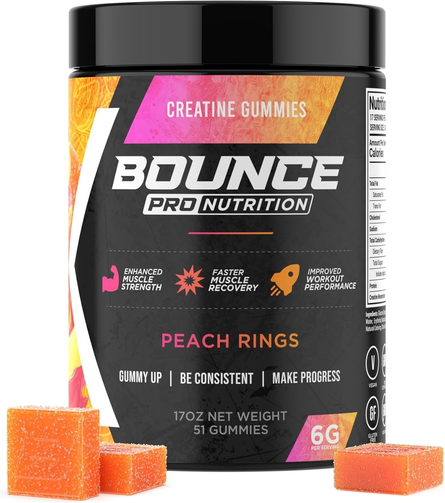 Bounce Pro Creatine Monohydrate Gummys for Men & Women, Low Calorie, 6G of Creatine per service, Vegan, Anti-Melting, Gluten-Free, Non-GMO, 2g of Creatine per Gummy (51厘米,桃环) 互联网档案馆的存檔,存档日期2014-03-02.