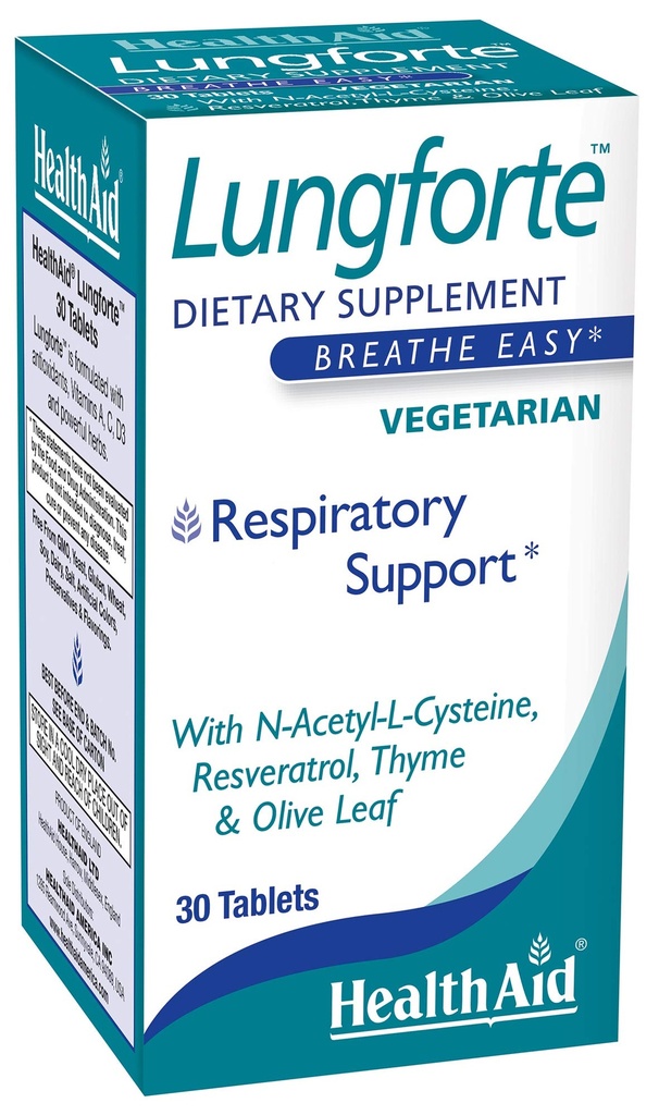 健康援助LongForte 30 片 – 每日抗氧化剂肺部支持 NAC,Resveratrol, 橄榄叶, Thyme & Vitamins A, C & D3 – Vegetarian, Non‐GMO