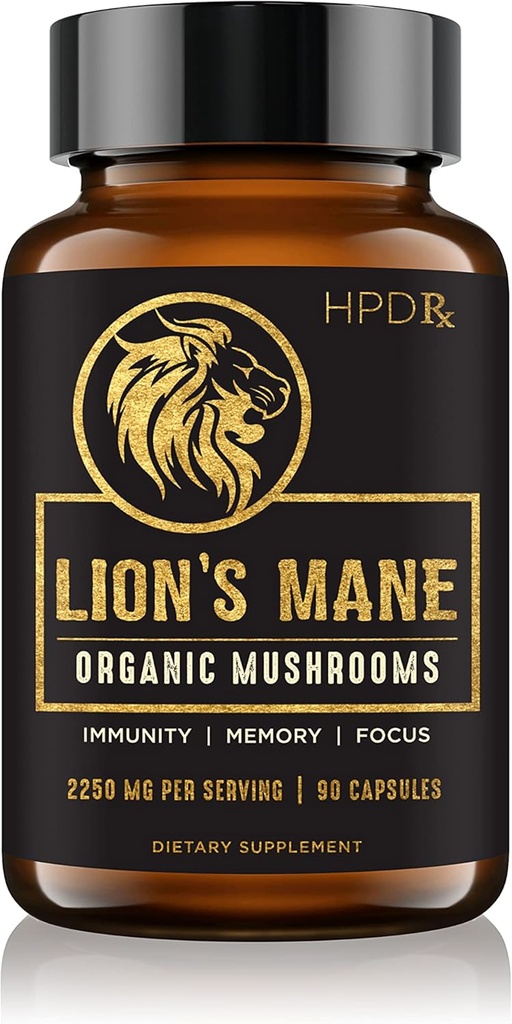 HPD Rx Lion的Mane蘑菇提取器 Capsules Natural Nootropic, 支持记忆和焦点, 豁免助推器 - 强力蘑菇补充剂 QQ 2250 mg, 90 Capsules, Pack of 1