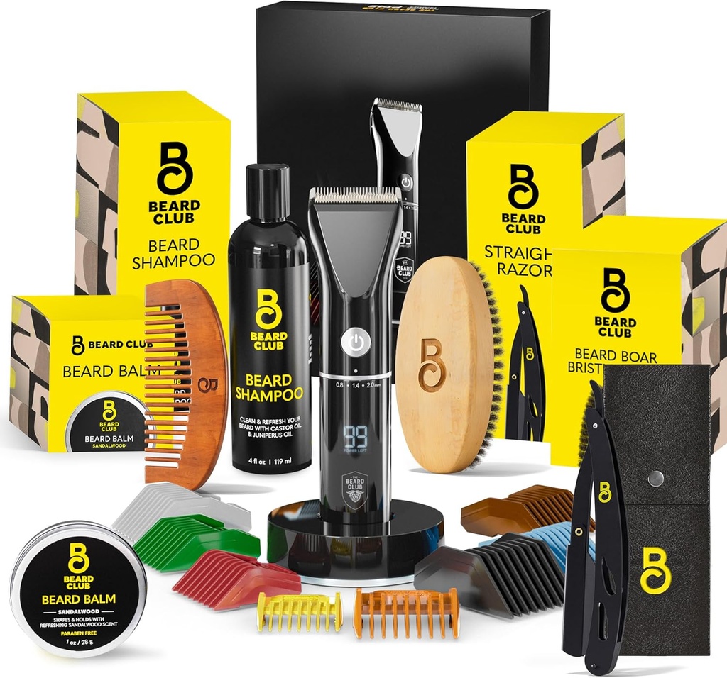 带专业无线电荷发型和芥末/Beard Trimmer、直边剃刀、香波、鲍姆、Brush & Comb 礼品套装的胡子俱乐部男子扫帚套装
